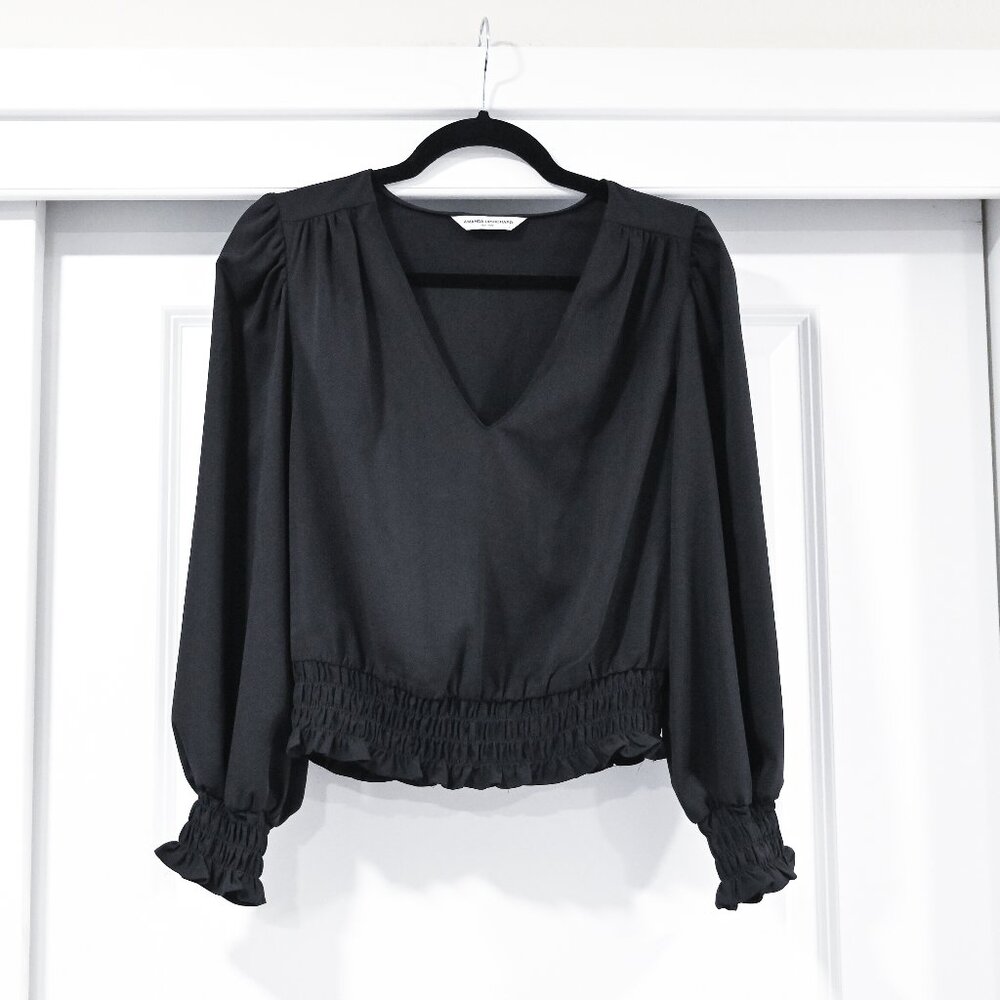 Amanda Uprichard Small Black V-Neck Smocked Blouse